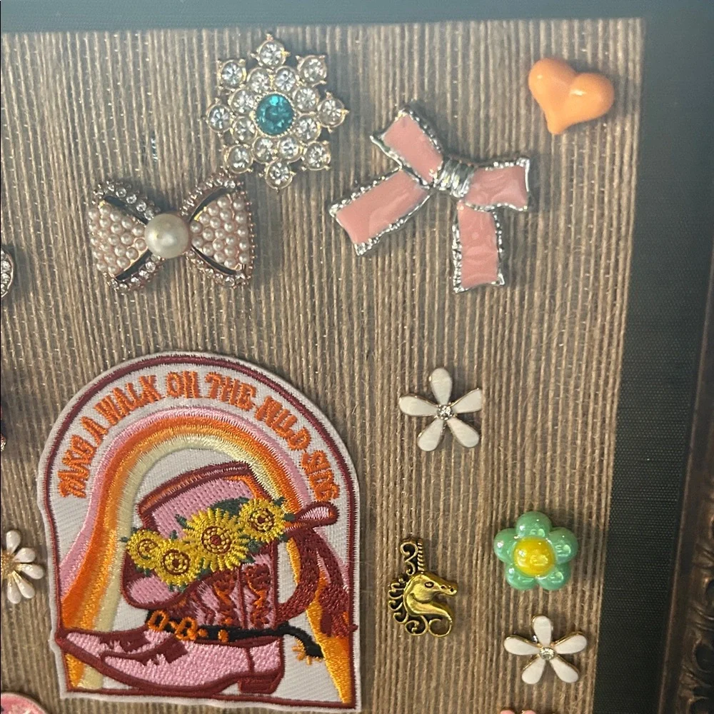 Decorative Framed Pink & Orange Embellished Patch Art western style